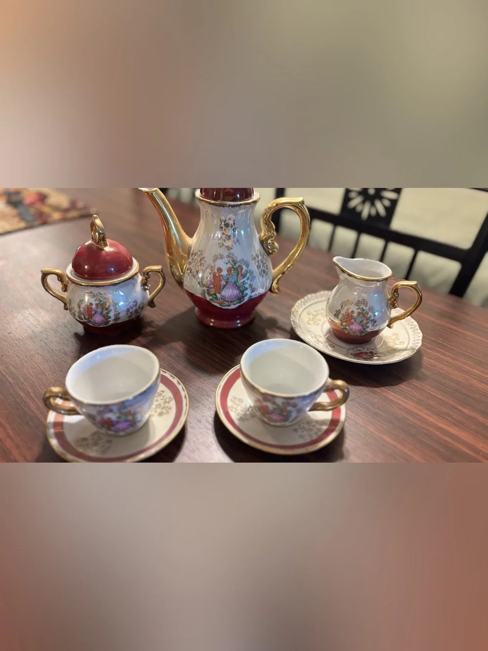 Vintage Lusterware Porcelain Tea Set Courting Couple Gold Trim
